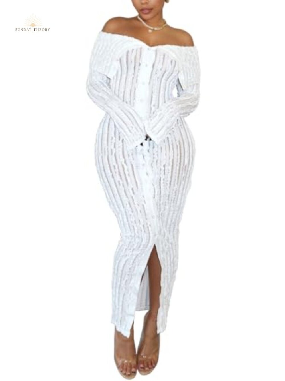 Women's Off Shoulder Sheer Mesh Bodycon Maxi Dress Button Down Ruffle